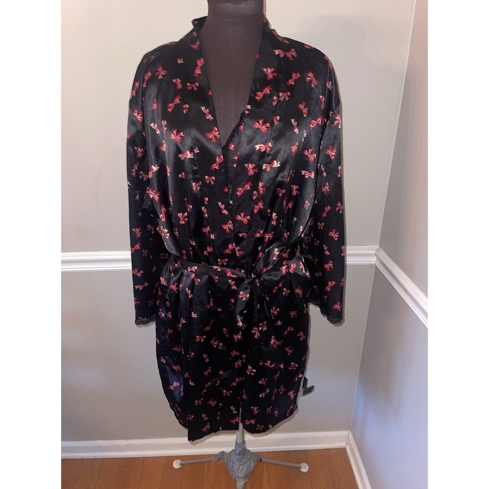 DELICATES WOMENS 1X Black & Pink Bows Lace Trim Pockets Robe House Gown